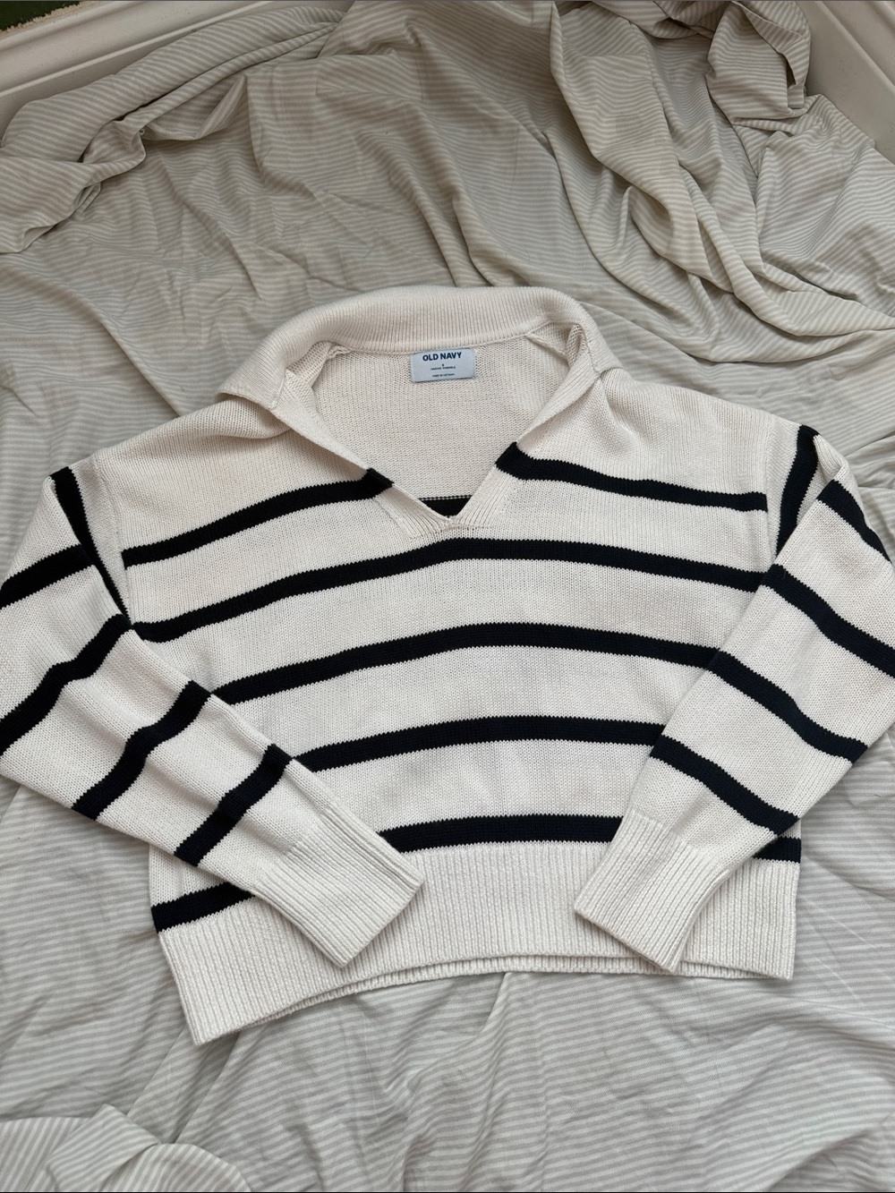 Old Navy Cream V-Neck Sweater with Black Stripes